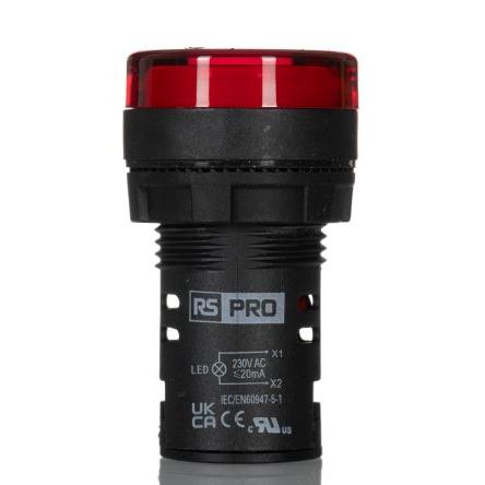 RS PRO Kontrolka Montáž do panelu LED Červená, průměr výřezu: 22 mm IP65 Kulatý 230V ac