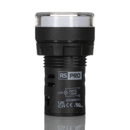 RS PRO Kontrolka Montáž do panelu LED Bílá, průměr výřezu: 22 mm IP65 Kulatý 230V ac