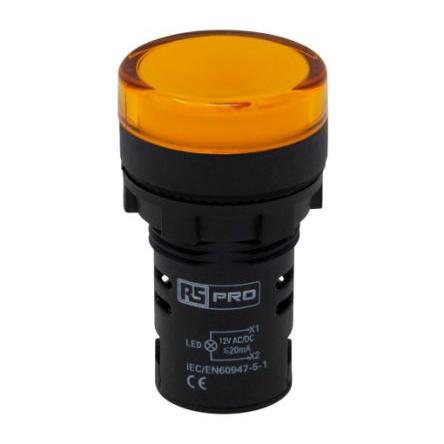 RS PRO Kontrolka Montáž do panelu LED Žlutá, průměr výřezu: 22 mm IP65 Kulatý 12 V ac, 12V dc