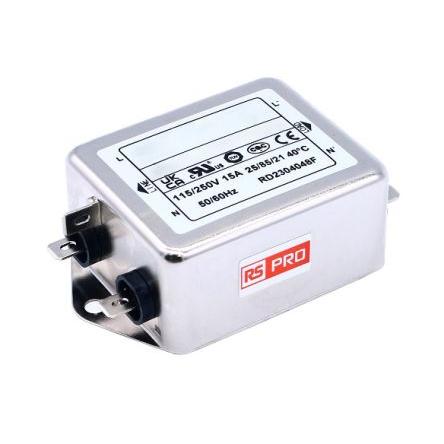 Filtr EMI, řada: RS PRO, 250V ac, 50Hz, 60 Hz, Montáž na rám, Fast-On, 15 A, počet fází: 1, 500 μA, RS PRO, UL 1283, CQC