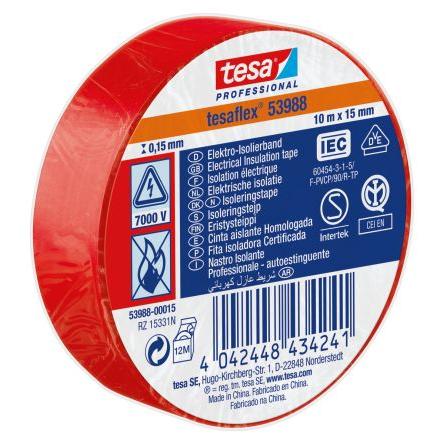 Izolační páska elektro, název: 53988, Červená Polyvinylchlorid 7000 V 15mm x, délka: 10 m tloušťka 150 mm Tesa
