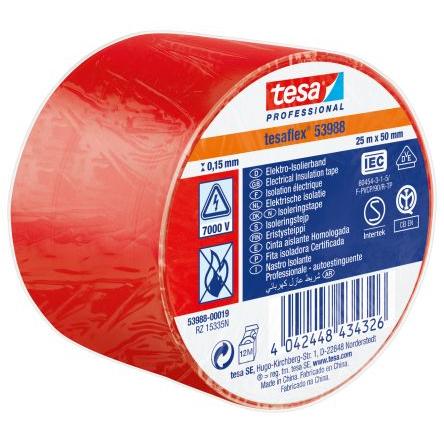 Izolační páska elektro, název: 53988, Červená Polyvinylchlorid 7000 V 50mm x, délka: 25 m tloušťka 150 mm Tesa