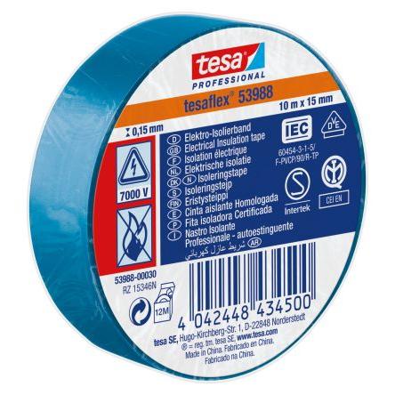 Izolační páska elektro, název: 53988, Modrá Polyvinylchlorid 7000 V 15mm x, délka: 10 m tloušťka 150 mm Tesa