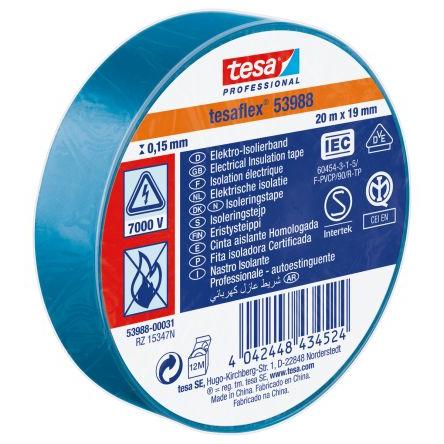 Izolační páska elektro, název: 53988, Modrá Polyvinylchlorid 7000 V 19mm x, délka: 20 m tloušťka 150 mm Tesa
