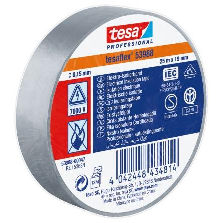 Izolační páska elektro, název: 53988, Šedá, Bílá Polyvinylchlorid 7000 V 19mm x, délka: 25 m tloušťka 150 μm Tesa