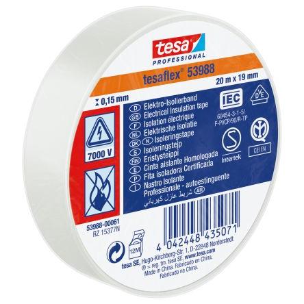 Izolační páska elektro, název: 53988, Bílá Polyvinylchlorid 7000 V 19mm x, délka: 20 m tloušťka 150 mm Tesa