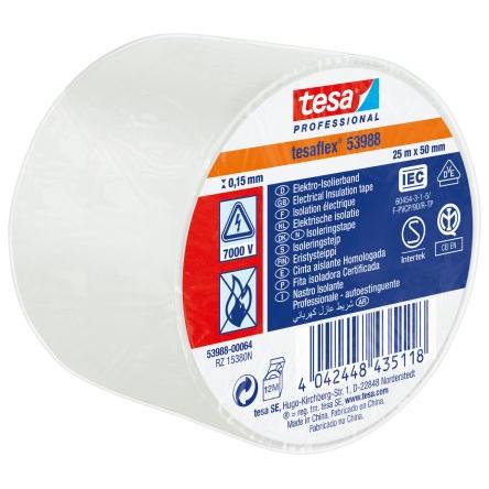 Izolační páska elektro, název: 53988, Bílá Polyvinylchlorid 7000 V 50mm x, délka: 25 m tloušťka 150 μm Tesa