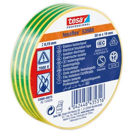 Izolační páska elektro, název: 53988, Zelená, Žlutá Polyvinylchlorid 7000 V 19mm x, délka: 20 m tloušťka 150 mm Tesa