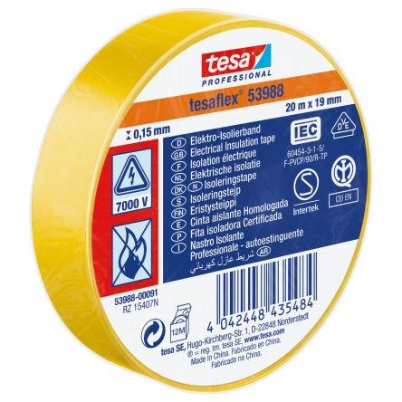 Izolační páska elektro, název: 53988, Žlutá Polyvinylchlorid 7000 V 19mm x, délka: 20 m tloušťka 150 mm Tesa