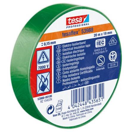 Izolační páska elektro, název: 53988, Zelená Polyvinylchlorid 7000 V 19mm x, délka: 20 m tloušťka 150 mm Tesa