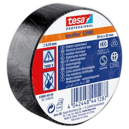 Izolační páska elektro, název: 53988, Černá Polyvinylchlorid 7000 V 25mm x, délka: 25 m tloušťka 150 mm Tesa