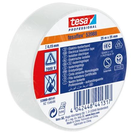 Izolační páska elektro, název: 53988, Bílá Polyvinylchlorid 7000 V 25mm x, délka: 25 m tloušťka 150 mm Tesa