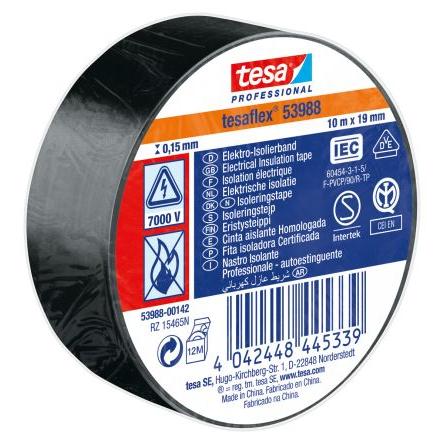 Izolační páska elektro, název: 53988, Černá Polyvinylchlorid 7000 V 19mm x, délka: 10 m tloušťka 150 μm Tesa