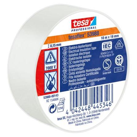 Izolační páska elektro, název: 53988, Bílá Polyvinylchlorid 7000 V 19mm x, délka: 10 m tloušťka 150 mm Tesa