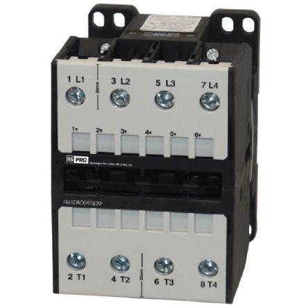 RS PRO Stykač napětí ve vinutí 230V ac 4pólový 50 A 3V, 400 V 22 kW 24V Řízení motoru, Samojisticí, rozsah: RS PRO