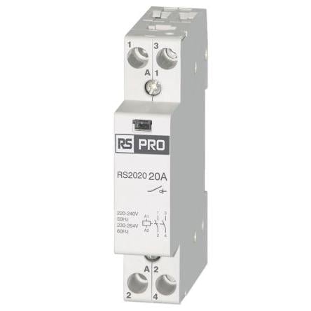 RS PRO Stykač napětí ve vinutí 230V ac 2pólový 20 A 440V 1.1 kW Řízení motoru, Rezistivní zátěž, Rovný, rozsah: RS PRO