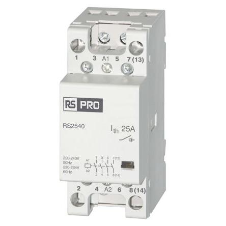 RS PRO Stykač napětí ve vinutí 230V ac 4pólový 25 A 440V 2.2 kW Řízení motoru, Rezistivní zátěž, Rovný, rozsah: RS PRO