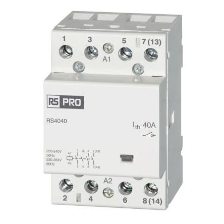 RS PRO Stykač napětí ve vinutí 230V ac 4pólový 40 A 440V 2.2 kW Řízení motoru, Rezistivní zátěž, Rovný, rozsah: RS PRO
