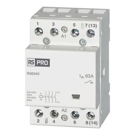 RS PRO Stykač napětí ve vinutí 230V ac 4pólový 63 A 440V 2.2 kW Řízení motoru, Rezistivní zátěž, Rovný, rozsah: RS PRO