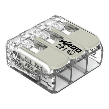 WAGO Přípojka, řada: 221 10AWG, Šroubová svorka Průhledné, počet cest: 3 32A, 12AWG, 24 AWG, 440V Klecová svorka