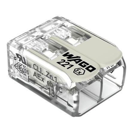 WAGO Přípojka, řada: 221 10AWG, Šroubová svorka Průhledné, počet cest: 2 37A, 10AWG, 20 AWG, 440V Klecová svorka