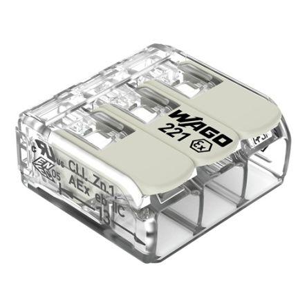 WAGO Přípojka, řada: 221 10AWG, Šroubová svorka Průhledné, počet cest: 3 37A, 10AWG, 20 AWG, 440V Klecová svorka