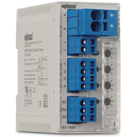 WAGO Elektronický jistič, řada: 787, počet kanálů: 4, 10A Lišta DIN, šířka: 45mm, hloubka: 115.5 mm, délka: 90 mm, 15 A