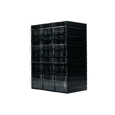 Skladovací jednotka se zásuvkami 12 Průhledné, Černá Polystyren Průhledné zásuvky 450 mm x 338mm x 225 mm RS PRO