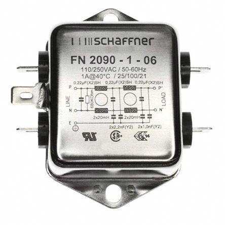Filtr EMI, řada: FN2090, 220 nF, 250V ac/dc, 0Hz, 400 Hz, Montáž na rám 20 mH, Fast-On, 1 A, počet fází: 1, 500 μA,