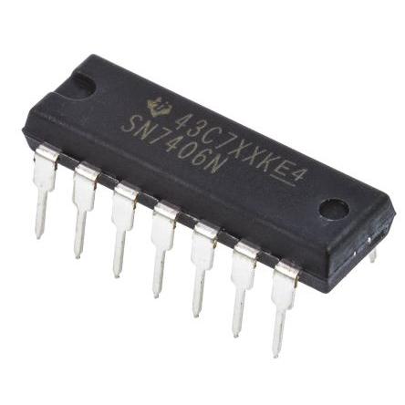 Texas Instruments Měnič SN7406N 6kanálový Inverzní vyrovnávací paměť 74 Otevřený kolektor, počet kolíků: 14 kolíkový,