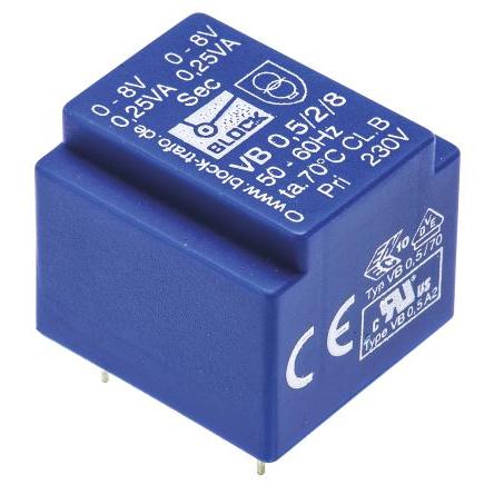 Block Transformátor PCB, sekundární napětí: 8 V ac, počet výstupů: 2 Průchozí otvor 40 % 0.5 VA