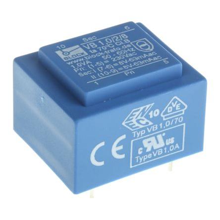 Block Transformátor PCB, sekundární napětí: 8 V ac, počet výstupů: 2 Průchozí otvor 55 % 1 VA