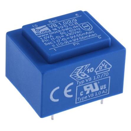 Block Transformátor PCB, sekundární napětí: 9 V ac, počet výstupů: 2 Průchozí otvor 55 % 1 VA