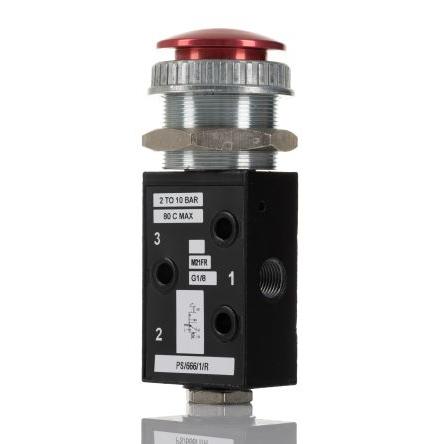 Pneumatický ventil s ručním ovládáním, řada: S666 barva Červená Tlačítko G 1/8 G, materiál tělesa: Tlakově litý zinek