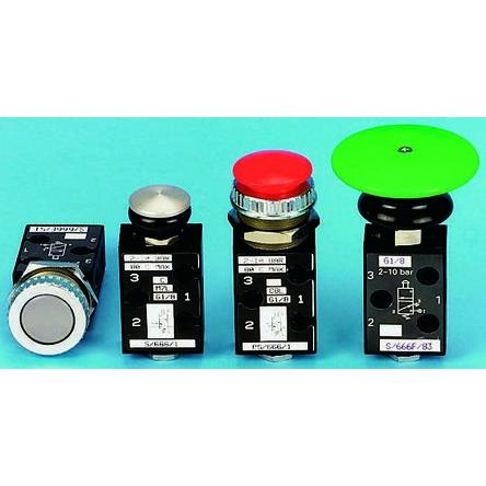 Pneumatický ventil s ručním ovládáním, řada: S666 barva Zelená Tlačítko G 1/8 G, materiál tělesa: Tlakově litý zinek