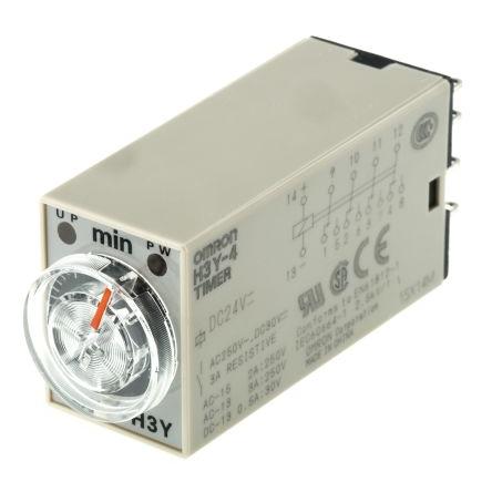 Omron Časovací relé, řada: H3Y-4 Lišta DIN, Povrchová montáž 4PDT 4kontaktové 24 V 24V ac 1 funkce zásuvné 0.1 to 3 min