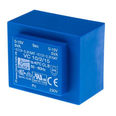 Block Transformátor PCB, sekundární napětí: 15 V ac, počet výstupů: 2 Průchozí otvor 74 % 10 VA