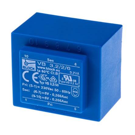 Block Transformátor PCB, sekundární napětí: 6 V ac, počet výstupů: 2 Průchozí otvor 53 % 3.2 VA