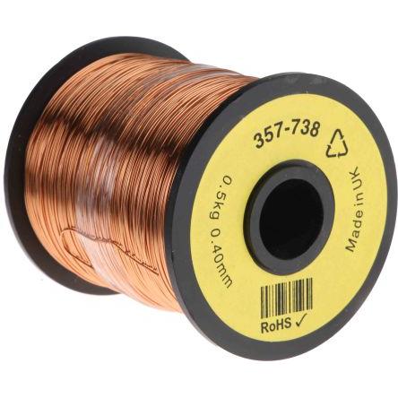 Měděný drát, prameny vodičů: 1 x 0.4 mm Lakovaný 0.13 mm², vnější průměr: 0.4 mm OD RS PRO 400 m