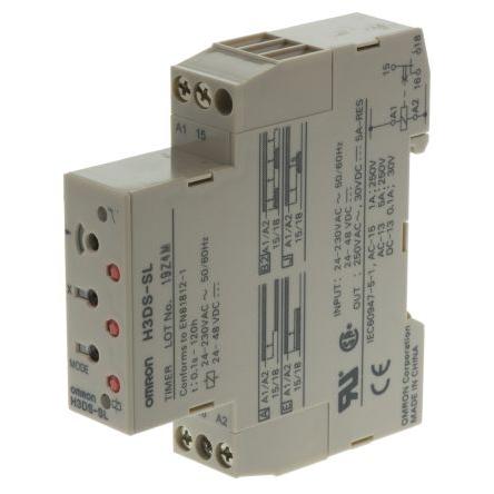 Omron Časovací relé, řada: H3DS Lišta DIN SPDT 1kontaktové 48 V dc 230V ac, 24 V ac Multifunkční funkce Šroub 0.1 s to