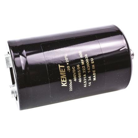 Kondenzátor, řada: ALS31 2200 μF ±20 % 62mΩ ALS31A222MF400 400V dc, Šroubová svorka KEMET