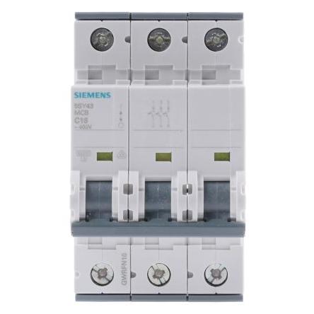 Siemens Miniaturní jistič, rozsah: 5SY4 3pólový 16A vypínací výkon 10 kA, charakteristika: Typ C, rozsah: SENTRON 400V