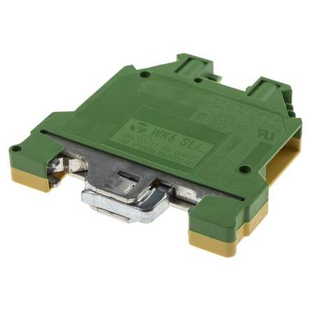 RS PRO Zemnicí svorkovnice, počet cest: 2, 20AWG, 8 AWG, délka: 54 mm Lišta DIN 6mm² barva Žlutá, Zelená Šroubová,