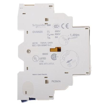 Schneider Electric Pomocný kontakt 2 NO 2 Boční, rozsah: GVAN s Šroubová svorka 6 A 240 V dc, 690V ac
