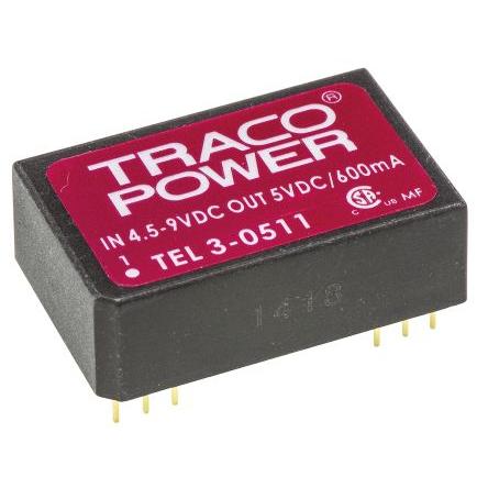 TRACOPOWER Měnič DC/DC TEL 3, výstup: 5V dc 1.5 kV dc, Vin 9V dc 600 mA, Vin 4.5V 3 W -40 °C 85 °C Montáž na plošný spoj