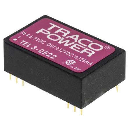 TRACOPOWER Měnič DC/DC TEL 3, výstup: 12V dc 1.5 kV dc, Vin 9V dc 125 mA, Vin 4.5V 3 W -40 °C 85 °C Montáž na plošný