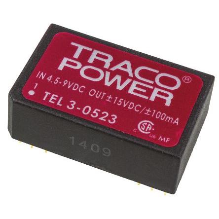 TRACOPOWER Měnič DC/DC TEL 3, výstup: 15V dc 1.5 kV dc, Vin 9V dc 100 mA, Vin 4.5V 3 W -40 °C 85 °C Montáž na plošný