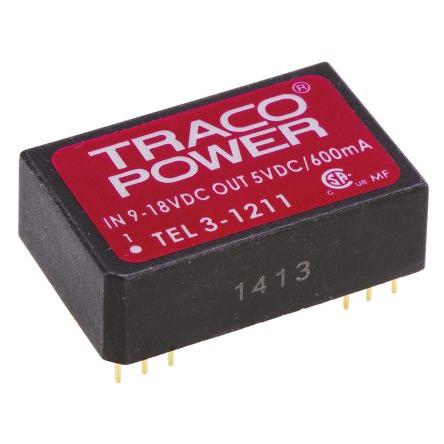 TRACOPOWER Měnič DC/DC TEL 3, výstup: 5V dc 1.5 kV dc, Vin 18V dc 600 mA, Vin 9V 3 W -40 °C 85 °C Montáž na plošný spoj
