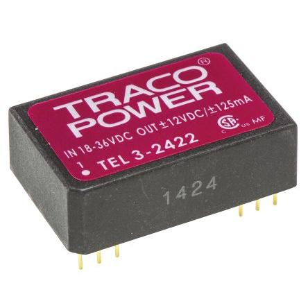 TRACOPOWER Měnič DC/DC TEL 3, výstup: 12V, -12 V 1.5 kV dc, Vin 36V dc 125 mA, Vin 18V 3 W -40 °C 80 °C Montáž na plošný
