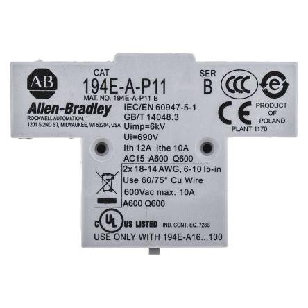 Allen Bradley Pomocný kontakt 1 NO/1 NC 2 Přední montáž, rozsah: 194 s Šroub 6 A 17V dc